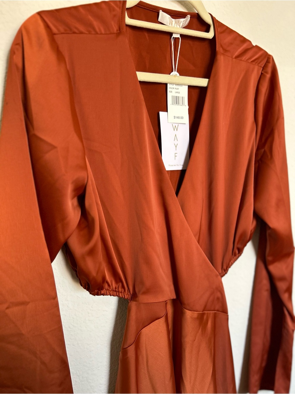 Wayf Burnt Orange Long Sleeve Wrap Midi Dress
